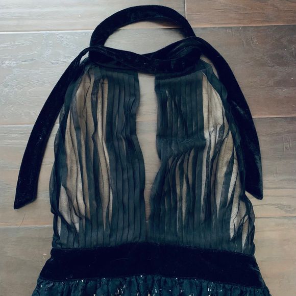 ASOS Petite Black & Cream Sheer Lace Open Back Halter Top Prom Dress | Size: 6/8 - Picture 2 of 11